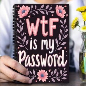 New WTF Is My Password Floral Spiral Notebook in Black and Pink
